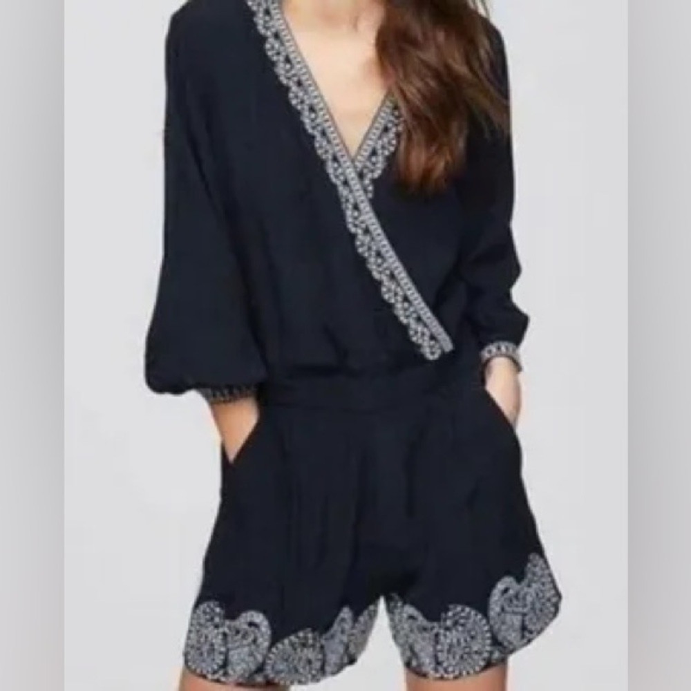 Loft size small black long sleeve embroidered romper.